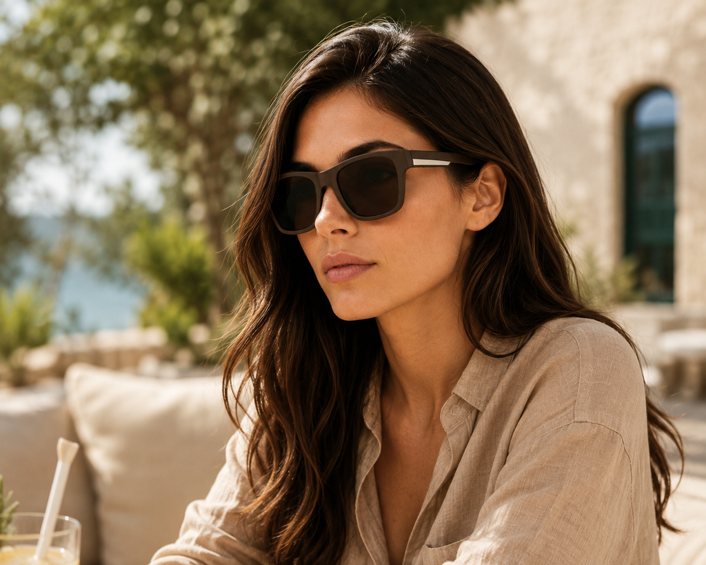 Occhiali da sole NOVA Earth Taupe ZP8 indossati in un contesto lifestyle