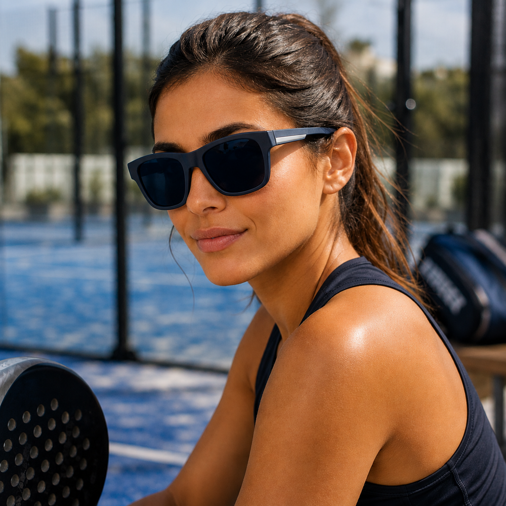 Occhiali da sole NOVA Midnight Blue ZP8 indossati in un contesto padel